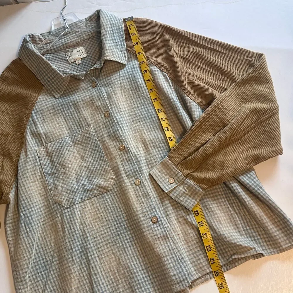 Waffle Sleeve Plaid Button-Up Top in Tan and Light Blue NWT - Picture 8 of 9